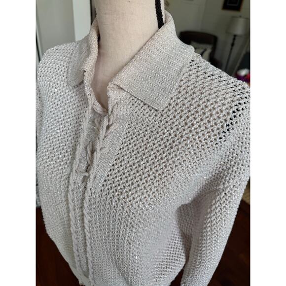 Joie Ivory Sequin Open Knit Lace-Up Collared Long Sleeve Pullover Sweater Medium - Picture 6 of 13